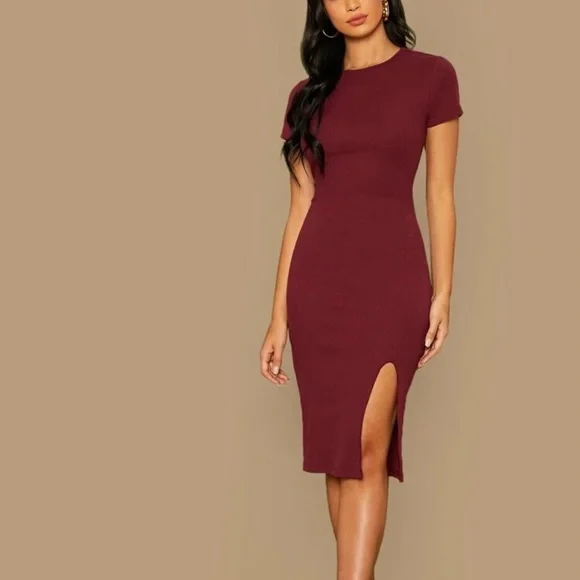 Minimalist Short sleeve bodycon midi dress slit olive green - Picture 6 of 6